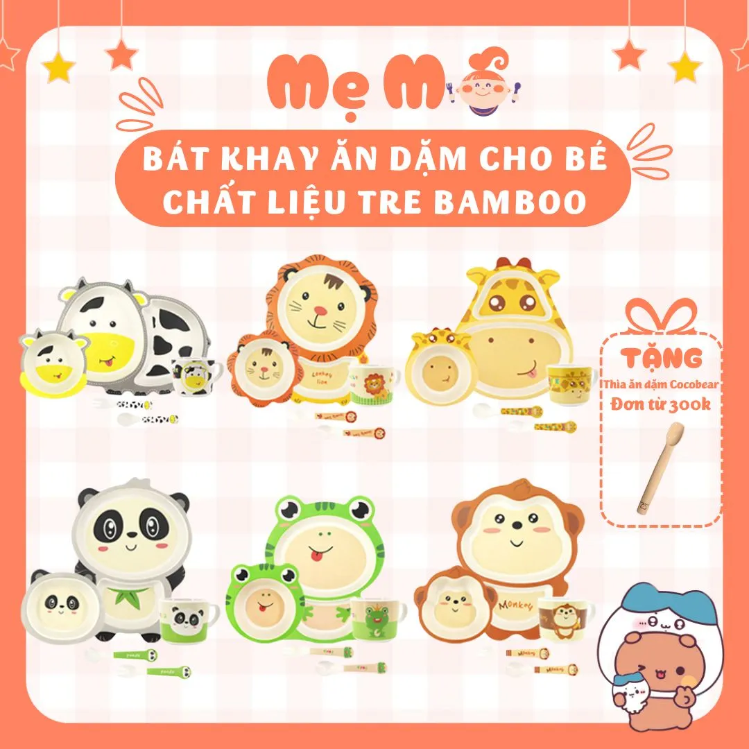 Bát ăn dặm cho bé Mẹ Mỡ, set nhiều mẫu từ tre Bamboo kháng khuẩn ngộ nghĩnh, đáng iu